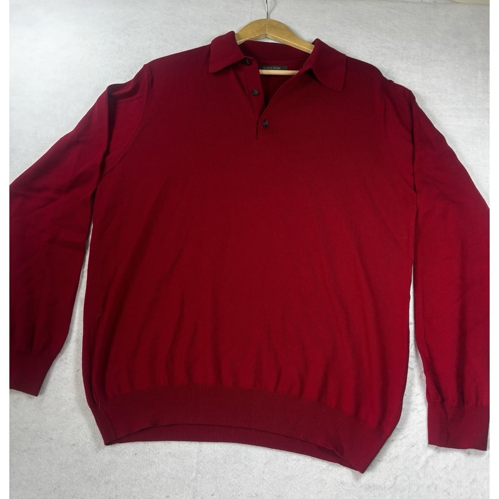 Nordstrom Sweater Mens Large Tall Red Merino Wool Collared Lightweight‎ Italy